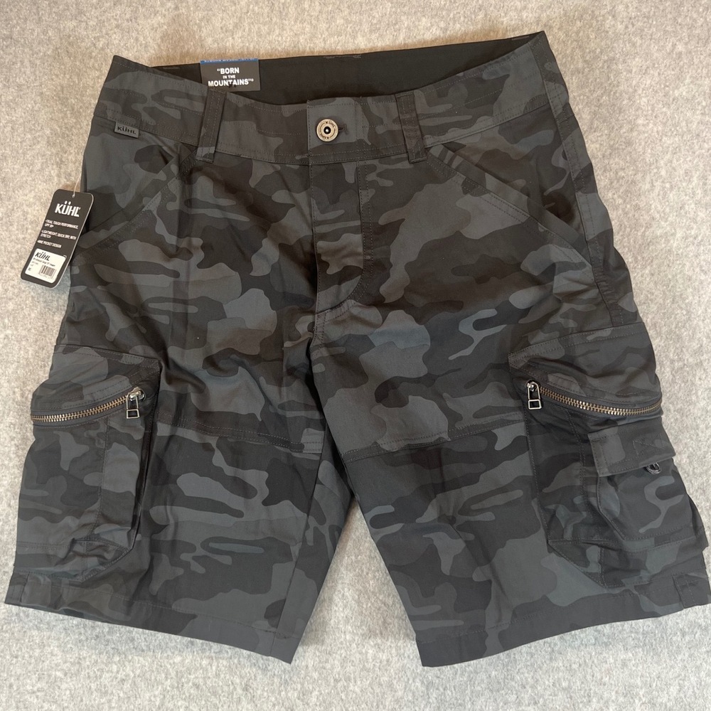 Kuhl Ambush Cargo Shorts Mens 30 Grey Camo New 5149 10" Inseam UPF 50+ Gorpcore